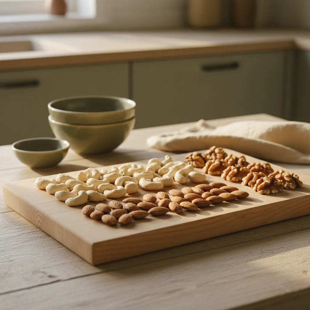 Erilaisia pähkinöitä - cashew-pähkinöitä, manteleja ja saksanpähkinöitä puisella leikkuulaudalla