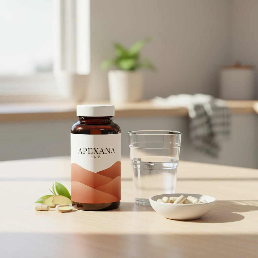 Apexana Labs -pullo vaalean keittiöpöydän päällä lasin veden ja mantelien vieressä aamuvalo taustalla